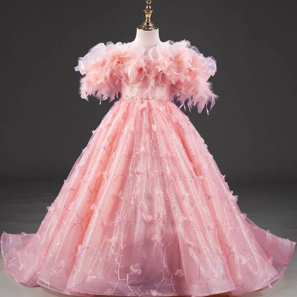 Pink Floral Dress: Flower Girl Gown with Feathers and Pearls