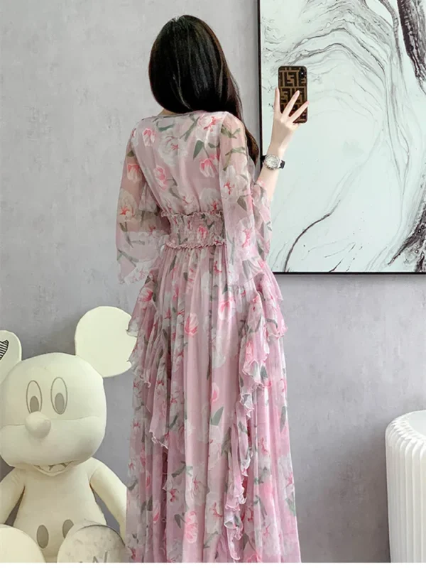 Pink Floral Dress Chiffon Ruffles Off Shoulder V Neck Party Elegant Gown - Image 5
