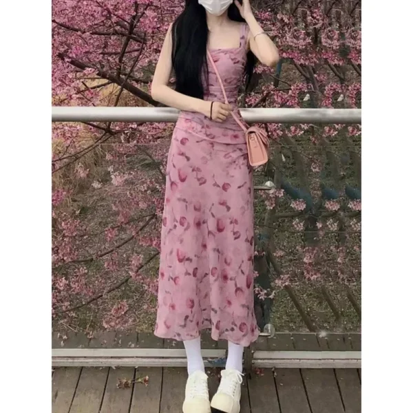 Elegant Pink Tank Dress Women Summer Waist-Fitted Long Skirt Floral - Image 3