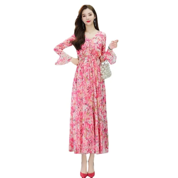 Elegant pink floral dress, boho ruffled maxi for spring and autumn - Image 6