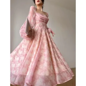 Elegant Pink Floral Chiffon Midi Dress For Summer Casual Parties