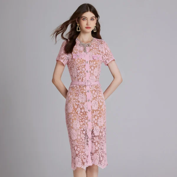 Luxury Pink Embroidery Lace Bodycon Midi Dress With Diamonds - Image 3
