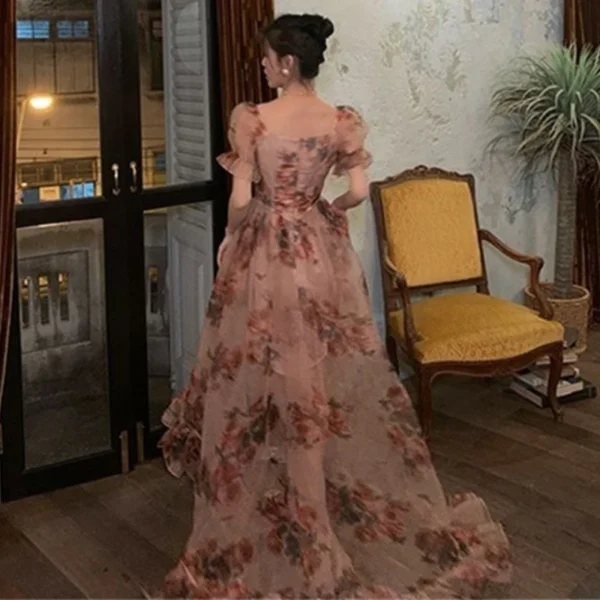 Pink Floral Dress Square Collar A-Line Chiffon Elegant Summer Fashion - Image 4