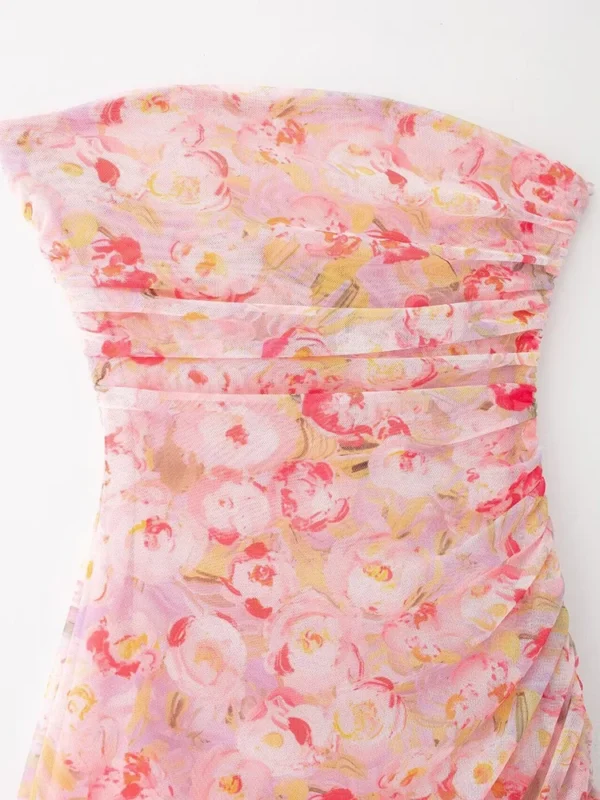 Sexy Backless Off Shoulder Pink Flower Printed Asymmetrical Midi Dress - Image 4