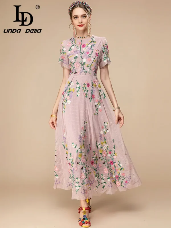 Pink Floral Dress Vintage Embroidery Mesh Party Long Dress Summer 2023