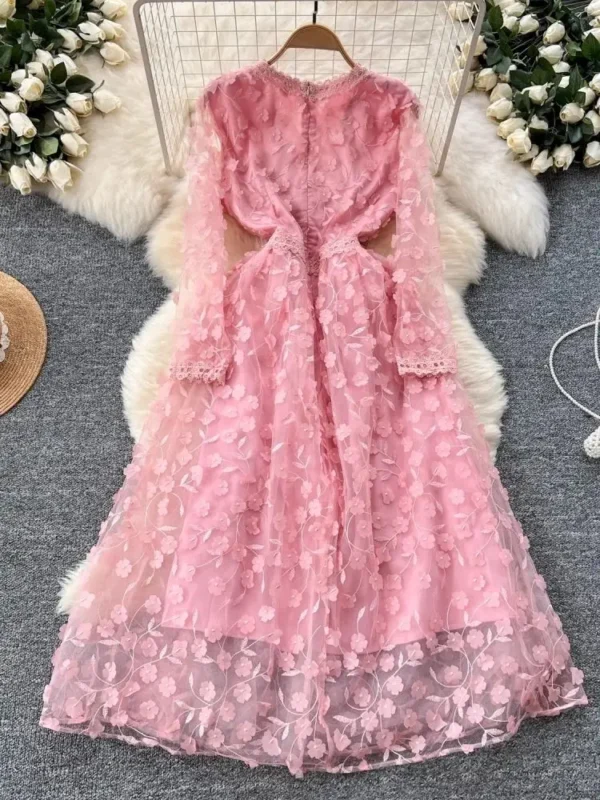 Pink Floral Dress, V-Neck Sheer Mesh for Wedding, Party, Prom - Image 2