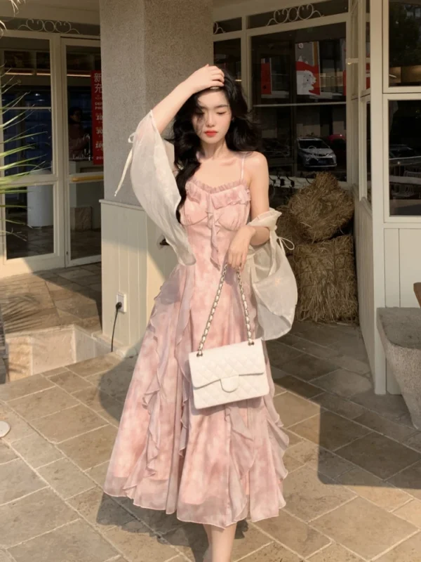 Casual Fairy Floral Strap Midi Dress Women Chiffon Sweet Summer - Image 6