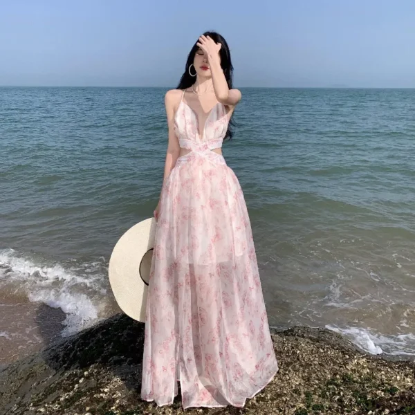 Pink Floral Ruched Tank Dress For Women’s Elegant Summer Vacation Wear - Image 3