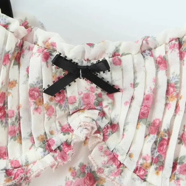 Romantic Beige Pink Floral Print Ruched Backless Sling Dress For Night Out Party - Image 4