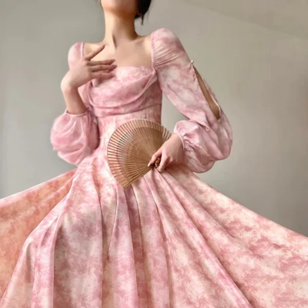 2025 Summer Pink Floral Chiffon Dress Long Sleeve Casual Midi Party Dress