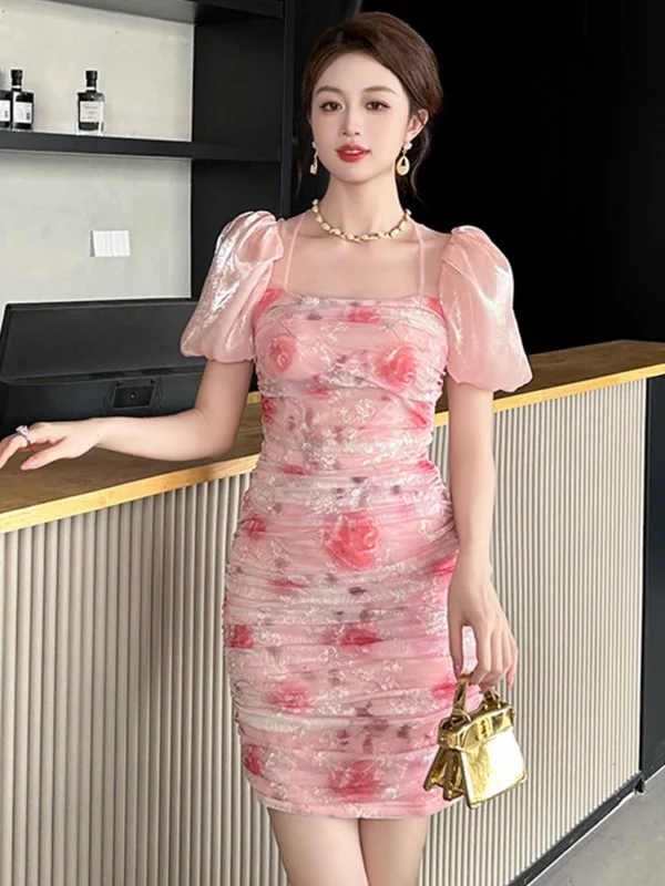 Summer Pink Mesh Floral Print Embroidery Puff Sleeve Party Dress - Image 5