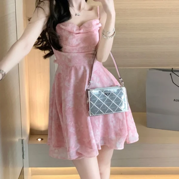 Pink floral dress, Korean style camisole, casual spring A-line dress - Image 3