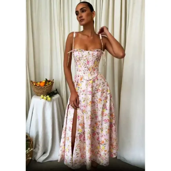 Boho Pink Floral Cotton Midi Dress For Summer Party Elegance Wear - Image 2