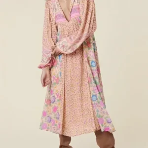 Happie Queens Pink Floral Print Boho Midi Dress For Beachwear Outings