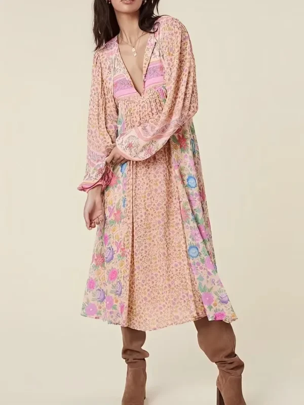 Happie Queens Pink Floral Print Boho Midi Dress For Beachwear Outings