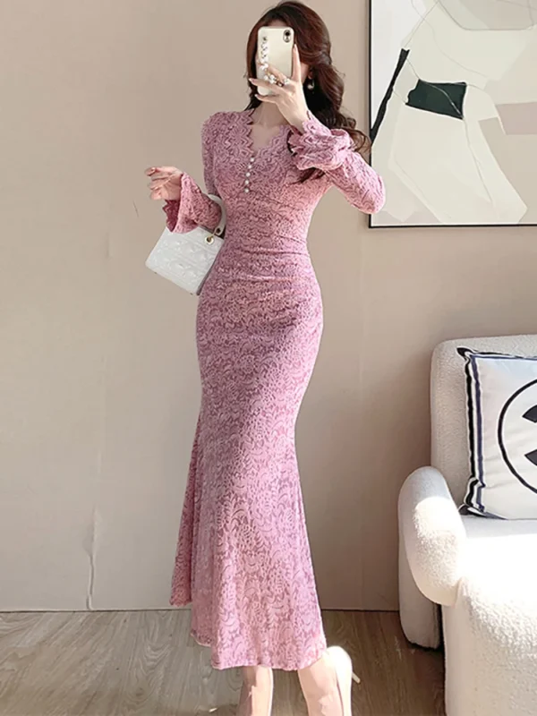 Pink Floral Dress Lace Hollow Bodycon Party Elegant Winter Fashion Vestidos - Image 6