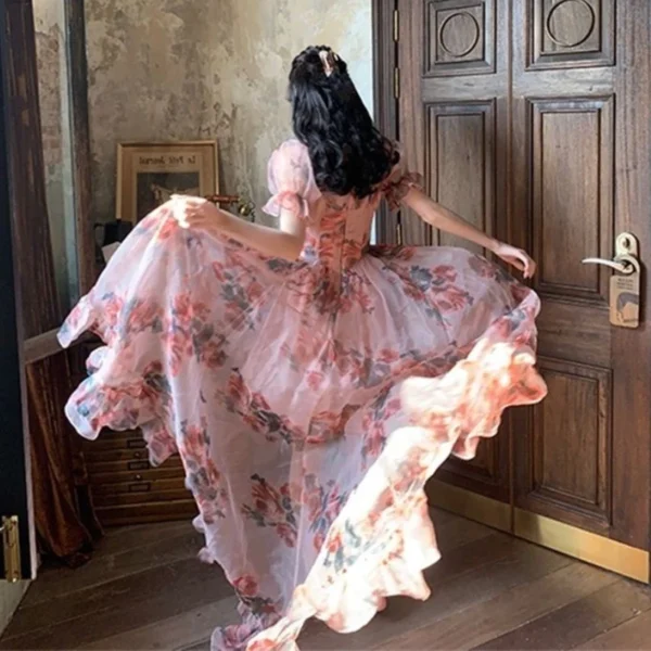 Pink Floral Dress Square Collar A-Line Chiffon Elegant Summer Fashion - Image 3
